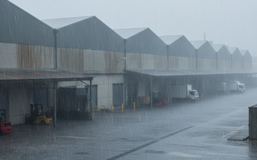 Naves industriales bajo la lluvia