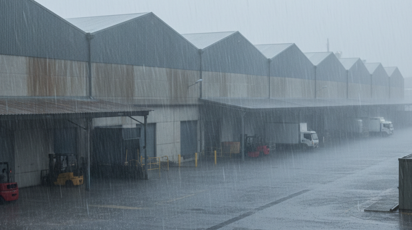 Naves industriales bajo la lluvia