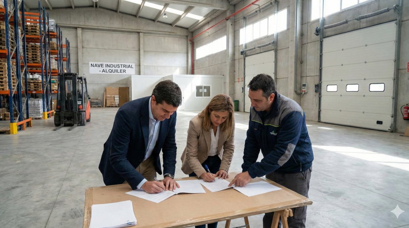 Clientes firmando alquiler de nave industrial